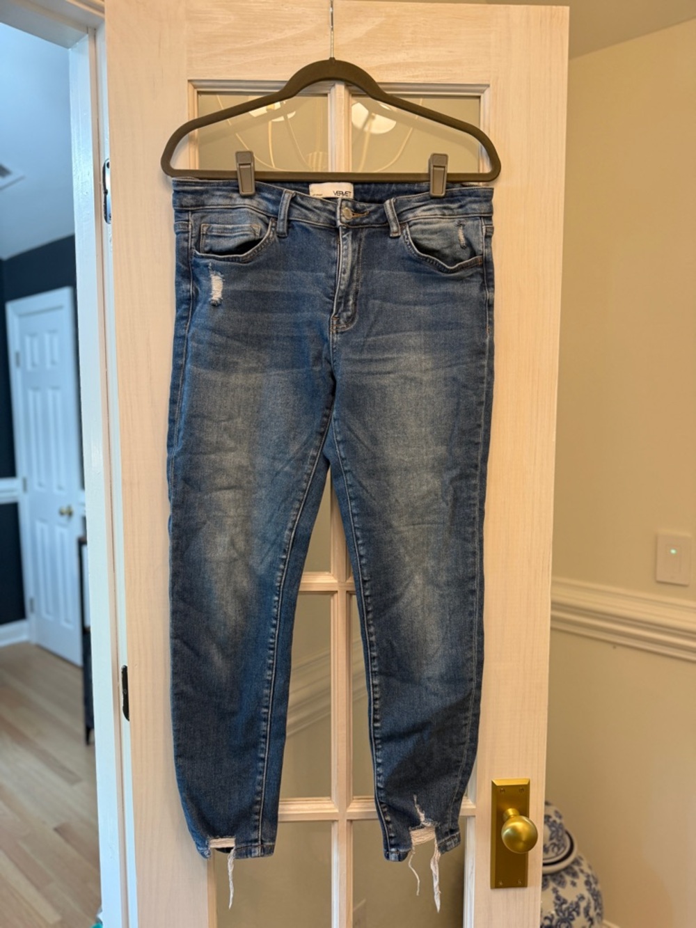 Slim Cropped Distressed Jeans in Dark Blue by Vervet